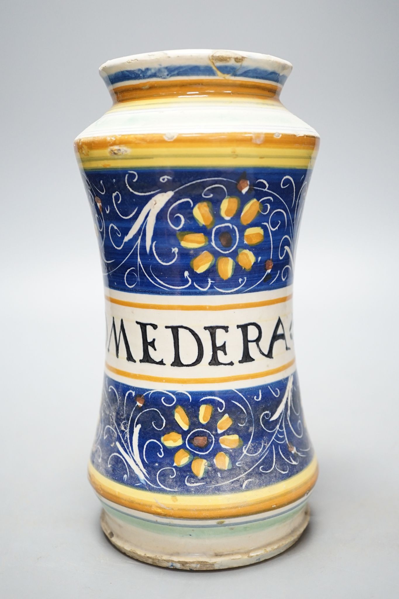 An 18th/ 19th century Italian maiolica ‘GOMEDERA’ albarello, 22.5cm